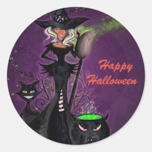 Halloween Feest Glam Heks in Zwart Groen Paars Ronde Sticker