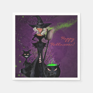Halloween Feest Glam Heks in Zwart Groen Paars Servetten