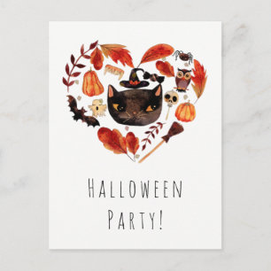 Halloween Feest Zwarte Kat Aquarel Whimsisch Uitnodiging Briefkaart