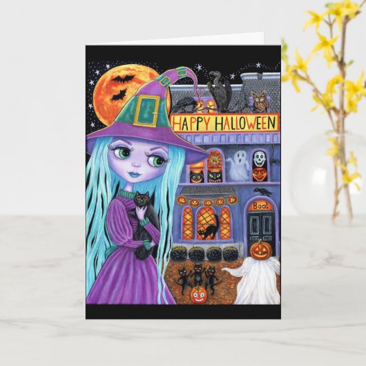 Halloween Feest Zwarte Kat Lieve Heks Spookhuis Kaart (Gele Bloem)