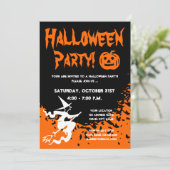 Halloween-feestuitnodigingen met pompoen en heks kaart (Staand voorkant)