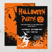 Halloween-feestuitnodigingen met pompoen en heks kaart (Voorkant / Achterkant)