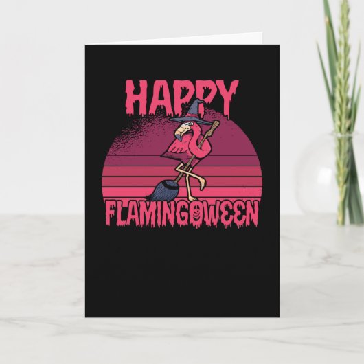 Halloween Flamingween Flamingo Witch Broom Retro Kaart (Voorkant)