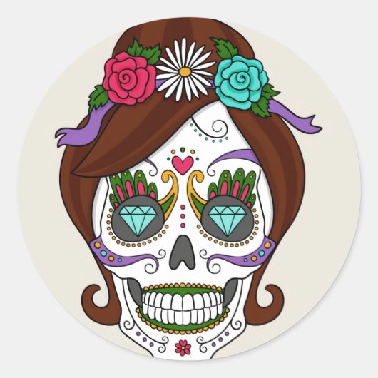 Halloween Floral Sugar Skull Classic Round Sticker (Voorkant)