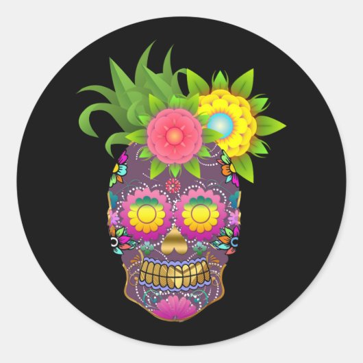 Halloween Floral Sugar Skull Classic Round Sticker (Voorkant)