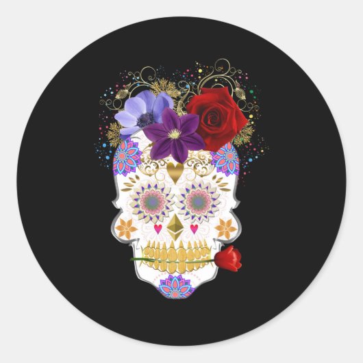 Halloween Floral Sugar Skull Classic Round Sticker (Voorkant)