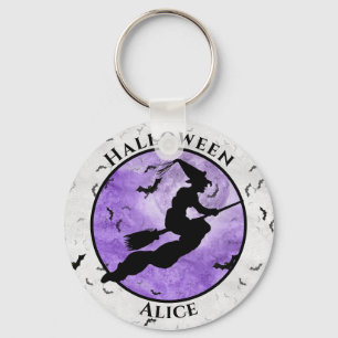 Halloween Flying Black Witch Silhouette Paars Sleutelhanger