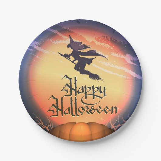 Halloween Flying Witch Papieren Bordje (Voorkant)