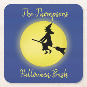 Halloween Flying Witch Silhouet in het maanlicht Vierkante Kartonnen Onderzetter