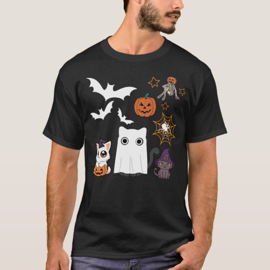 halloween for Cat Cute Kitten Skeleton Ghost Funny T-shirt (Voorkant)