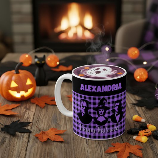Halloween Frankenstein Witch Vampire Purple Plaid Koffiemok