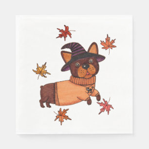 Halloween Franse Bulldog Herfst Heks Folk Art Pap Servet