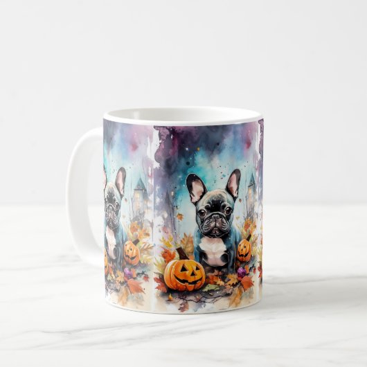 Halloween French bulldog met pompoenen eng Koffiemok (Voorkant links)