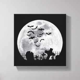 Halloween Full Moon Cemetery Graveyard Spooky Bats Canvas Afdruk