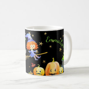Halloween Fun Paarse heks Flying Broom Green Name Koffiemok