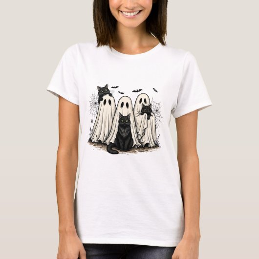 Halloween Fun T-Shirt - Ghost and Black Cats (Voorkant)