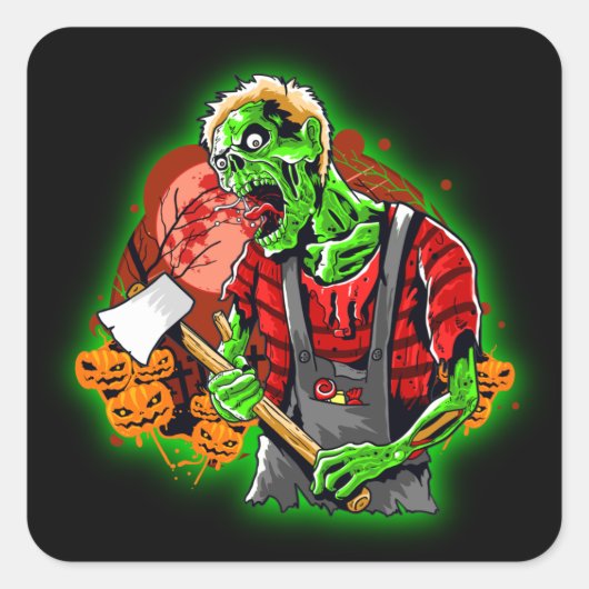 Halloween Funny Green Zombie Ax over Vierkante Sticker (Voorkant)