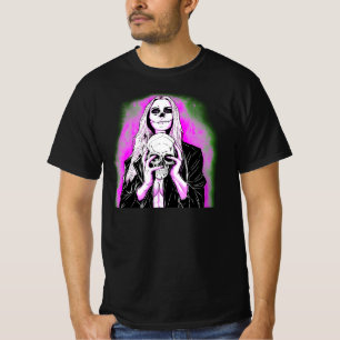 Halloween Funny Roze Green Scary Lady Black T-shirt