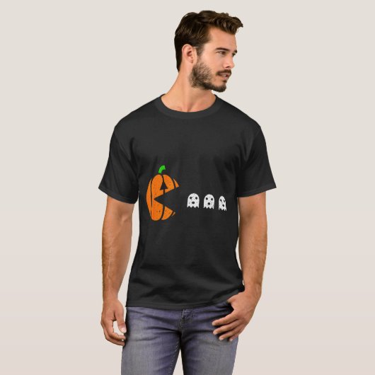Halloween Gamer Pumpkin Eating Ghost Costume Men B T-shirt (Voorkant volledig)