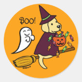 Halloween Geel Labrador en bezem Ronde Sticker (Voorkant)