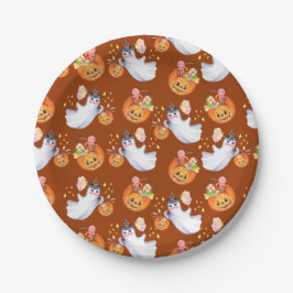 Halloween geest en snoepjes naadloos patroon papieren bordje