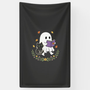 Halloween Geest Kat Leest Boek Bloem Ontwerp_1 Spandoek