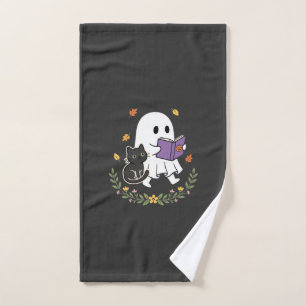 Halloween Geest Kat Leest Boek Bloemendesign_1 Handdoek