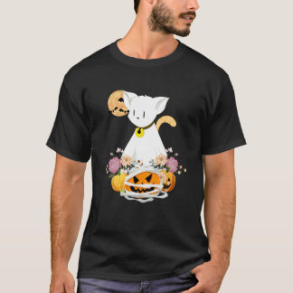Halloween Geest Kat met Griezeld Pumpkins Bloemstu T-shirt
