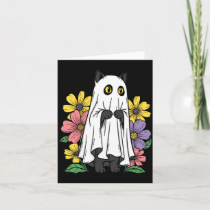 Halloween Geest Kat Schattige Zwarte Kat Bloemen Kaart