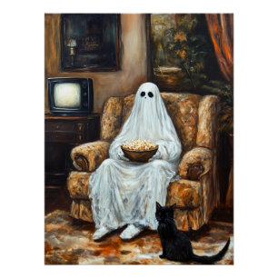 Halloween Geest Kijkt TV met Popcorn Perfect Poster