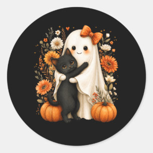 Halloween Geest Knuffelende Zwarte Kat Pompoen Blo Ronde Sticker