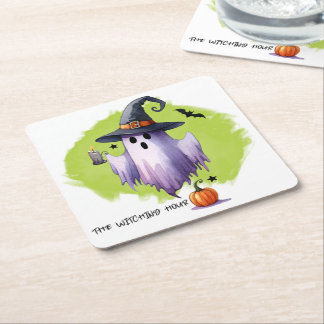 HALLOWEEN Geest Met Een Heksenhoed En Een Pompoen Vierkante Kartonnen Onderzetter