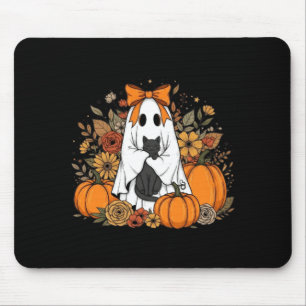 Halloween Geest met Zwarte Kat Groovy Bloemen Muismat