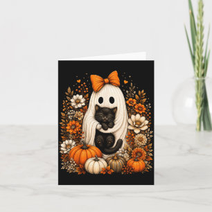 Halloween Geest met Zwarte Kat Pompoen Bloem Kaart