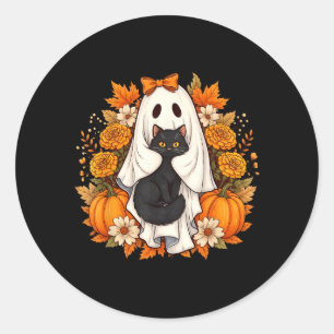 Halloween Geest Zwarte Kat Bloemen Ronde Sticker