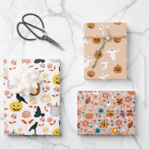 Halloween geesten, pompoenen, raven en Herfst gebl Inpakpapier Vel