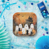 Halloween geesten, zwarte katten en vleermuizen, papieren bordje (Feest)