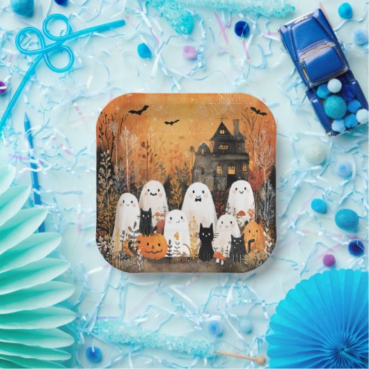Halloween geesten, zwarte katten en vleermuizen, papieren bordje (Feest)