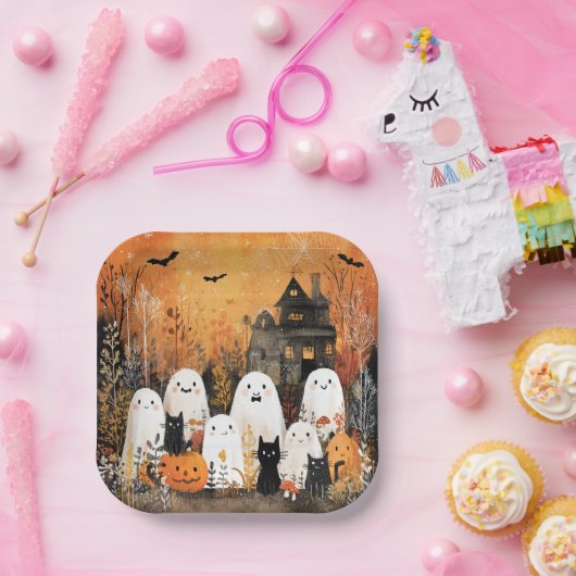 Halloween geesten, zwarte katten en vleermuizen, papieren bordje (Feest)