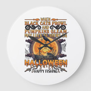 Halloween Gelukkig Vissen Zwarte Katten Pompoenen Grote Klok