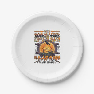 Halloween Gelukkig Vissen Zwarte Katten Pompoenen Papieren Bordje