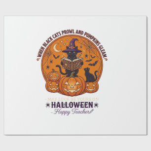 Halloween Gelukkige Leraar Zwarte Kat Heksenhoed P Cadeaupapier