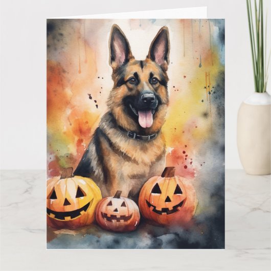 Halloween German Shepherd met pompoenen eng Kaart (Voorkant)