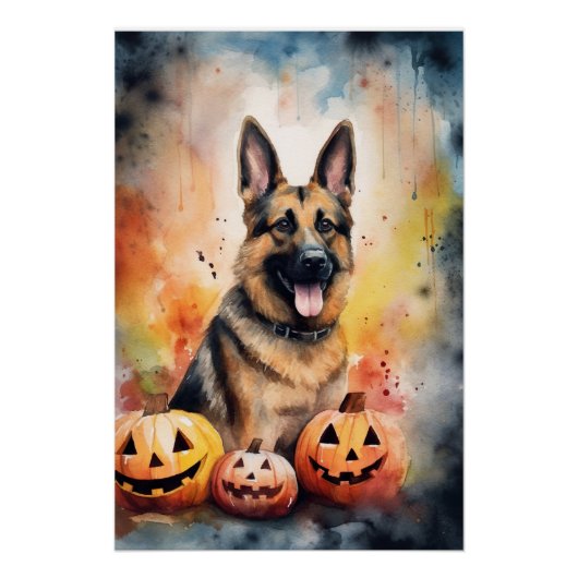 Halloween German Shepherd met pompoenen eng Perfect Poster (Voorkant)