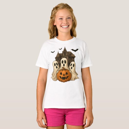 Halloween Ghost and Pumpkin Cute Spooky T-Shirt (Voorkant volledig)