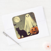 Halloween Ghost, Black Cat en Jack-o'-lantern Vierkante Sticker (Envelop)