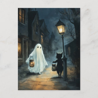 Halloween Ghost & Cat Ontmoeting Briefkaart