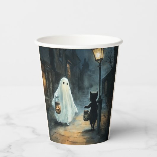 Halloween Ghost & Cat Ontmoeting Papieren Bekers (Achterkant)