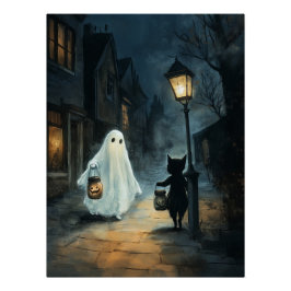 Halloween Ghost & Cat Ontmoeting Perfect Poster