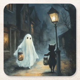 Halloween Ghost & Cat Ontmoeting Vierkante Kartonnen Onderzetter